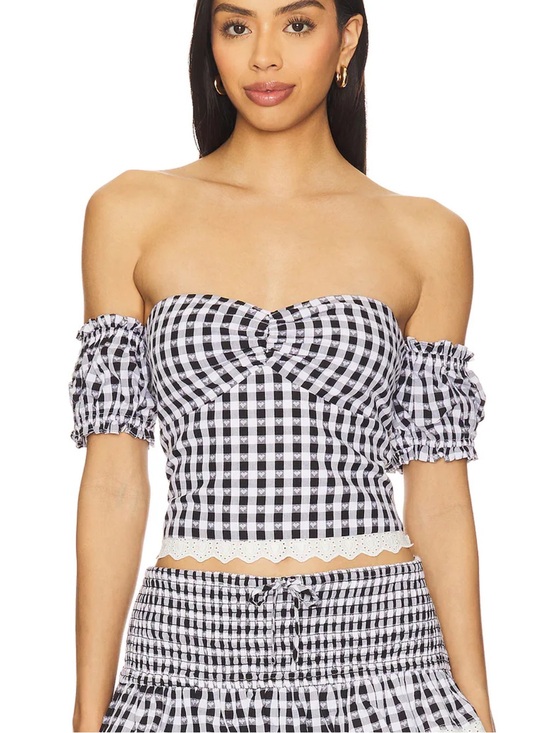 MAJORELLE Tops - MAJORELLE Reece Heart Print Gingham Off The Shoulder Cottagecore Crop Top Size L